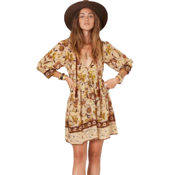 Jen's Pirate Booty Reko Muse Tunic Dress Mini Brown Floral 3/4 Sleeve Ta…